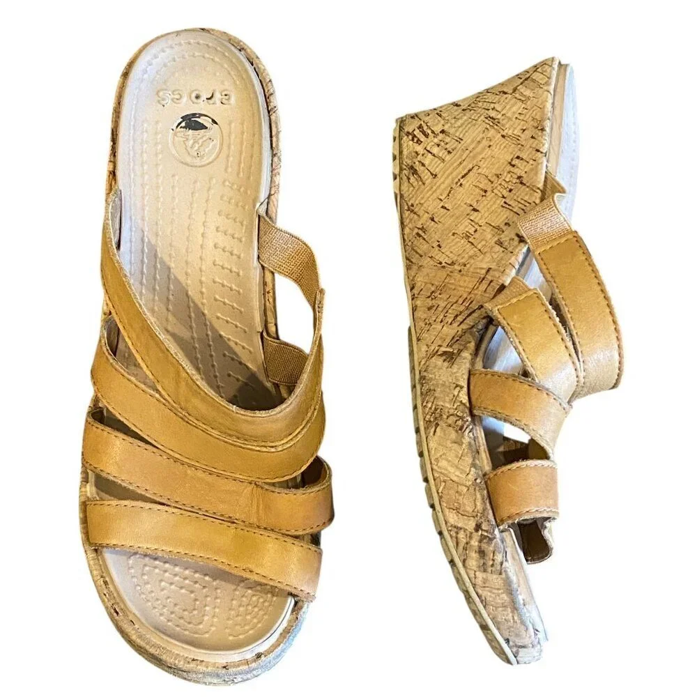 Crocs Aleigh Cork Wedge Sandals Sz 6 Tan #236H‎